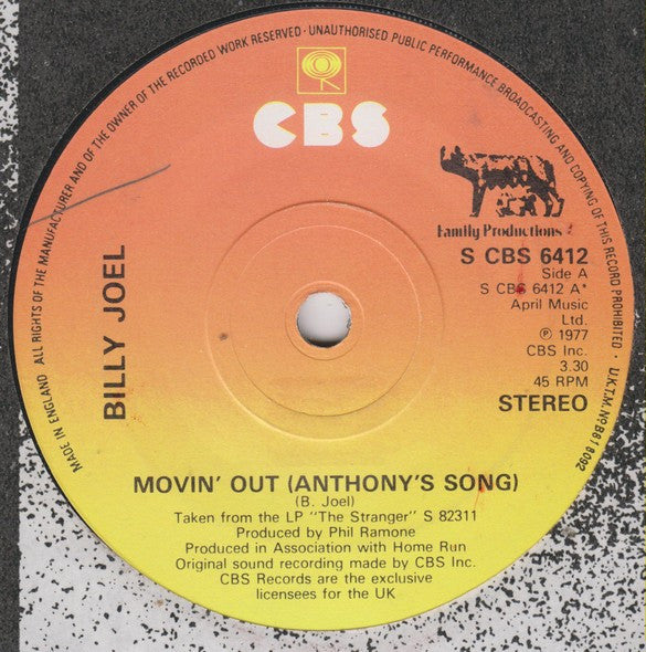 Billy Joel : Movin' Out (Anthony's Song) / Vienna (7", Single)