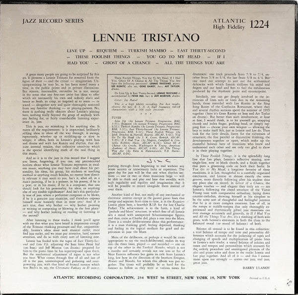 Lennie Tristano : Lennie Tristano (LP, Album, Mono)
