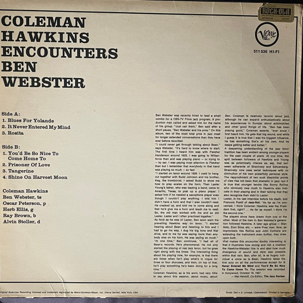 Coleman Hawkins Encounters Ben Webster : Coleman Hawkins Encounters Ben Webster (LP, Album)