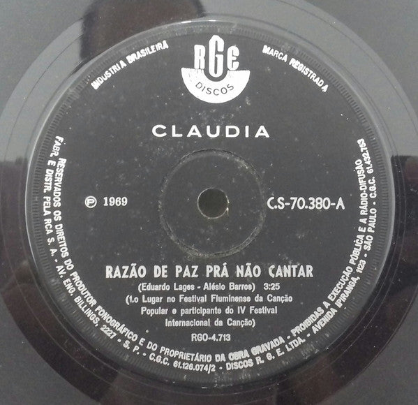 Claudia (6) : Razão De Paz Prá Não Cantar (7", Single)