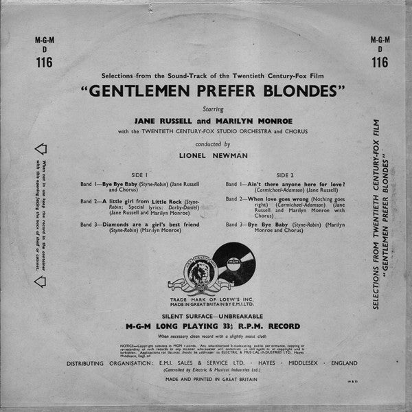 Jane Russell And Marilyn Monroe : Selections From The Twentieth Century-Fox Film "Gentlemen Prefer Blondes" (10")