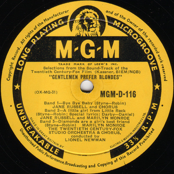 Jane Russell And Marilyn Monroe : Selections From The Twentieth Century-Fox Film "Gentlemen Prefer Blondes" (10")