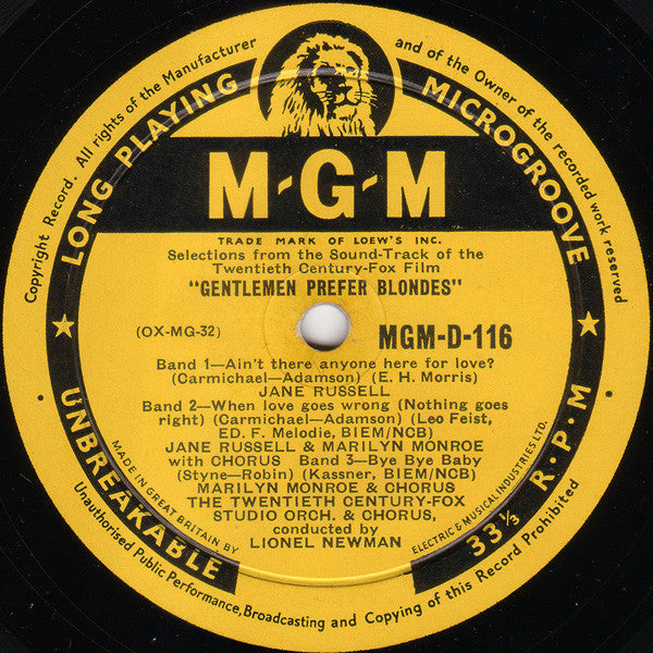 Jane Russell And Marilyn Monroe : Selections From The Twentieth Century-Fox Film "Gentlemen Prefer Blondes" (10")
