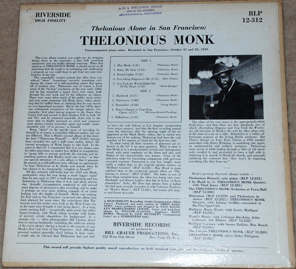Thelonious Monk : Thelonious Alone In San Francisco (LP, Album, Mono)