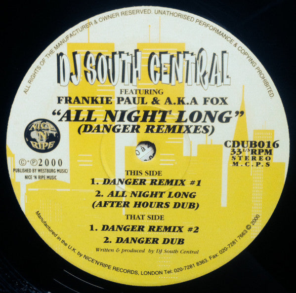 DJ South Central Featuring Frankie Paul & A.K.A Fox : All Night Long (Danger Remixes) (12")