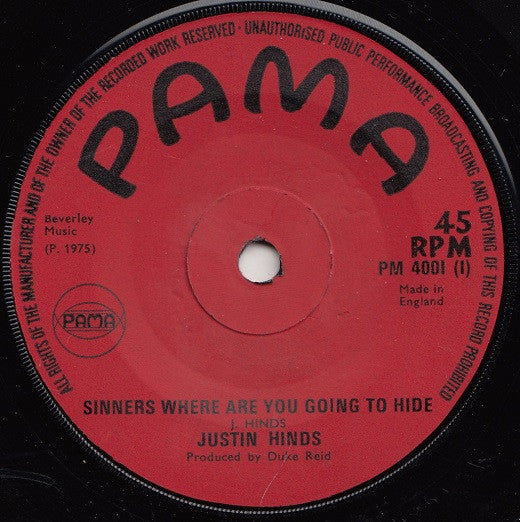 Justin Hinds : Sinners Where Are You Going To Hide / If It's Love You Need (7", Red)