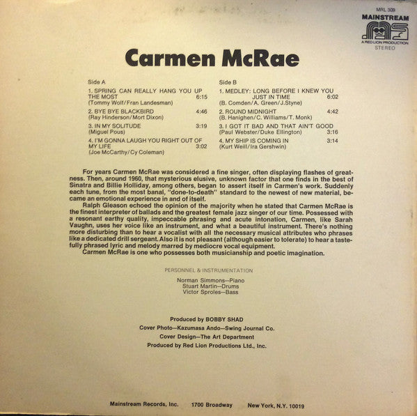 Carmen McRae : Carmen McRae (LP, Album, Promo, Uni)