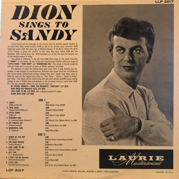 Dion (3) : Dion Sings To Sandy (LP, Album, Roc)