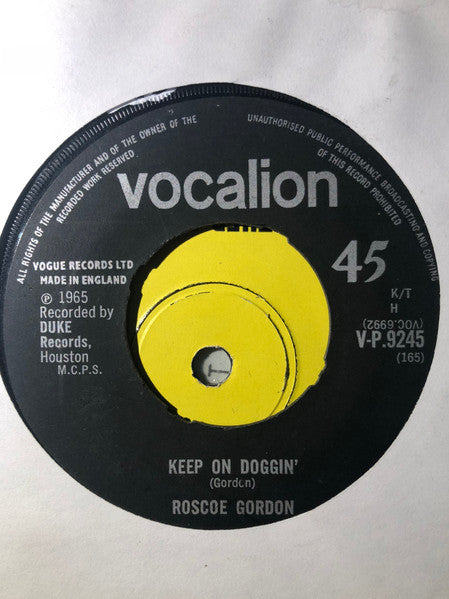 Roscoe Gordon* : Keep On Doggin’ (7", Single)