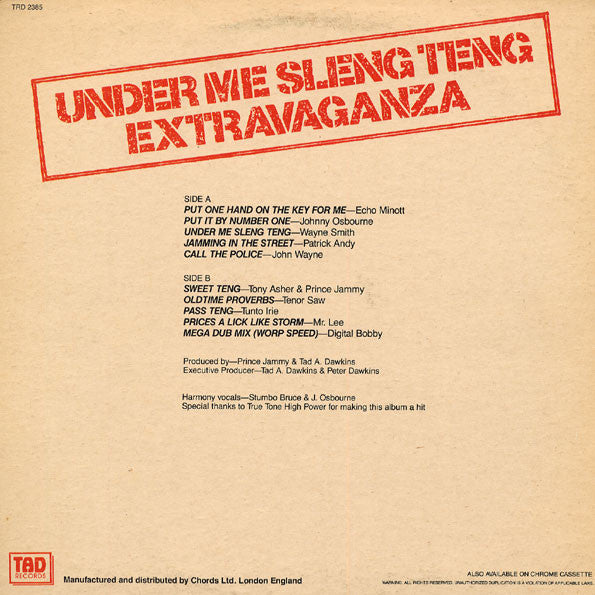 Various : Under Me Sleng Teng Extravaganza (LP, Comp)
