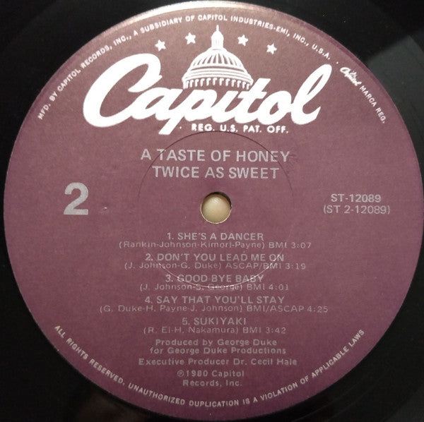 A Taste Of Honey : Twice As Sweet (LP, Album, Jac)