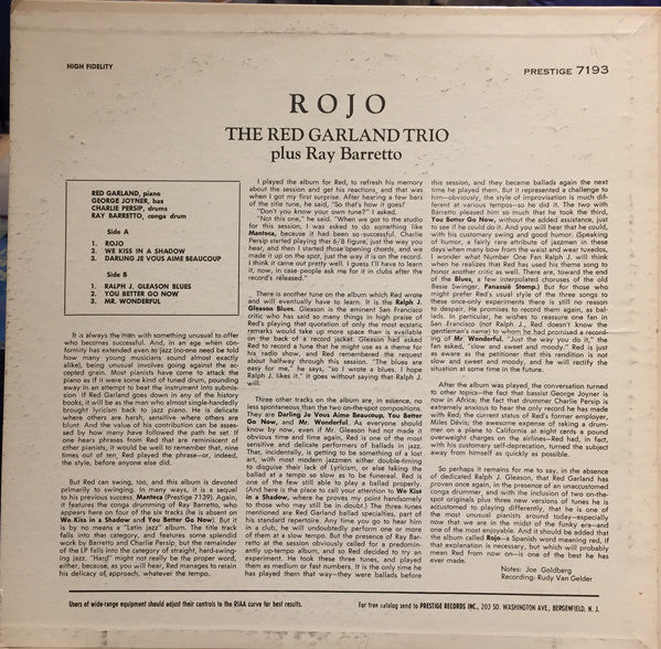 The Red Garland Trio plus Ray Barretto : Rojo (LP, Album, Mono)