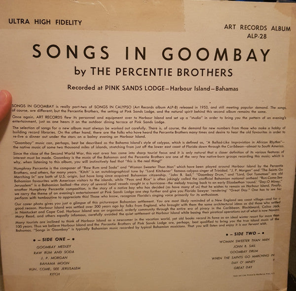 The Percentie Brothers : Songs in Goombay (LP, Album, Mono, Mic)