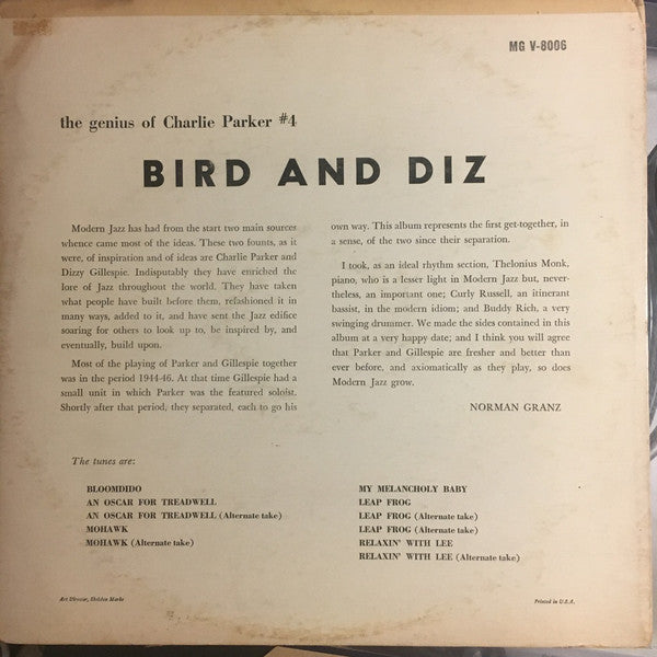 Bird (28) And Diz* : Bird And Diz (LP, Album, Mono, RE, RCA)