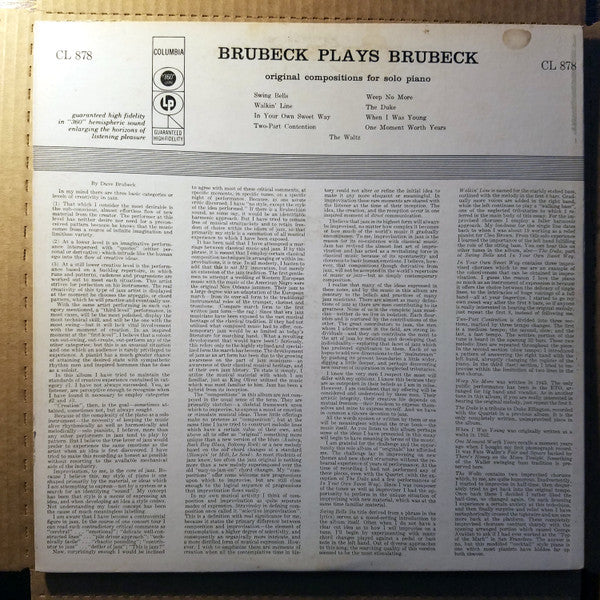 Dave Brubeck : Brubeck Plays Brubeck (LP, Album, Mono)