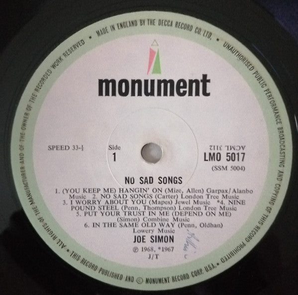 Joe Simon : No Sad Songs (LP, Mono,  )