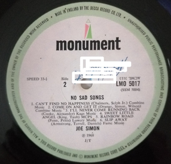 Joe Simon : No Sad Songs (LP, Mono,  )