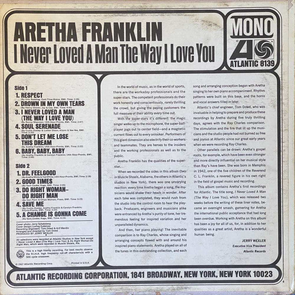 Aretha Franklin : I Never Loved A Man The Way I Love You (LP, Album, Mono, Ter)