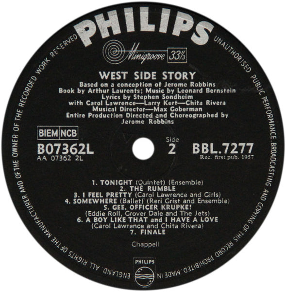 Leonard Bernstein, Stephen Sondheim, Carol Lawrence, Larry Kert, Chita Rivera, Arthur Gordon Smith : West Side Story (LP, Mono)