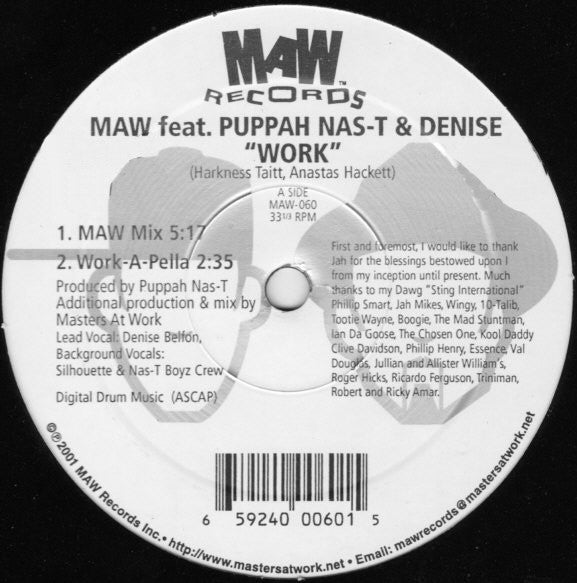 Masters At Work Feat. Puppah Nas-T & Denise Belfon : Work (12")