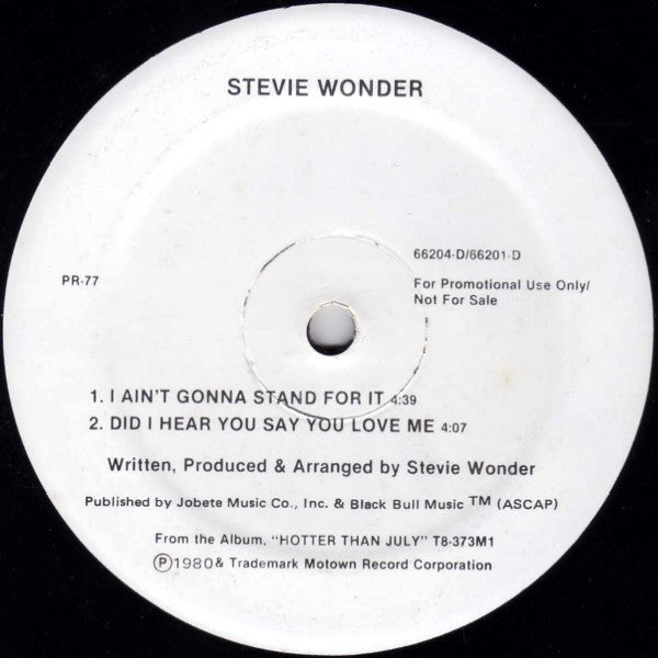 Stevie Wonder : I Ain't Gonna Stand For It / Did I Hear You Say You Love Me / All I Do / Do Like You (12", Promo)
