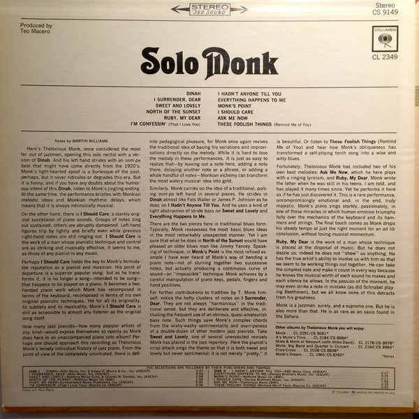 Monk* : Solo Monk (LP, Album, RE, Ter)