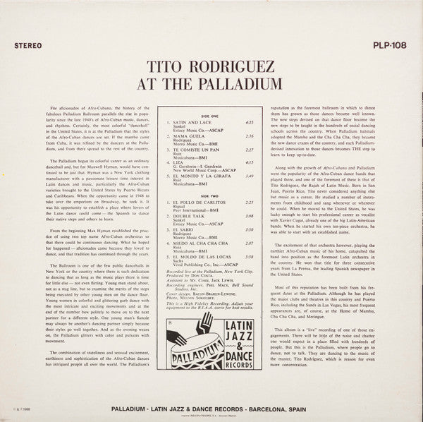 Tito Rodriguez & His Orchestra : Live At The Palladium (LP, Album, RE)