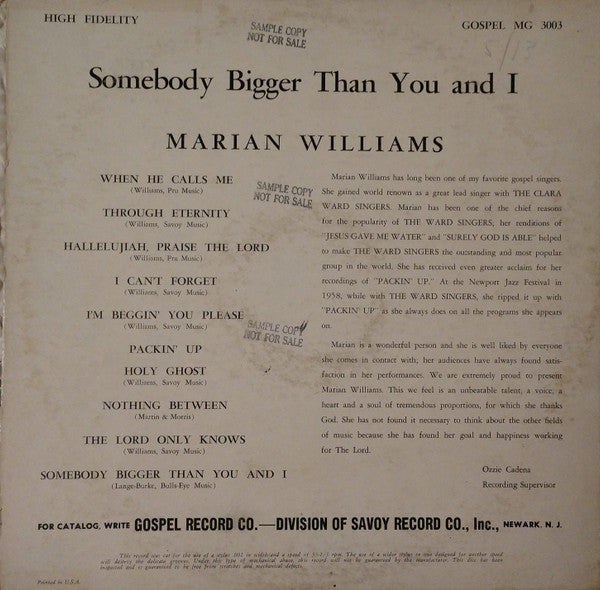 Marian Williams* : Somebody Bigger Than You And I (LP, Album, Mono)