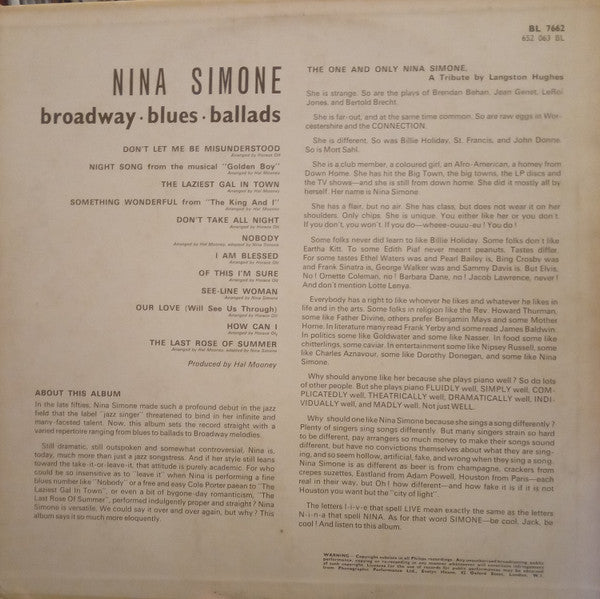 Nina Simone : Broadway - Blues - Ballads (LP, Album, Mono)