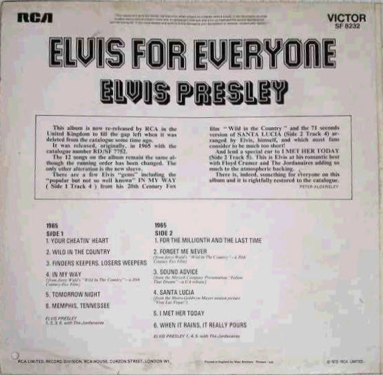 Elvis Presley : Elvis For Everyone (LP, Album, RE)