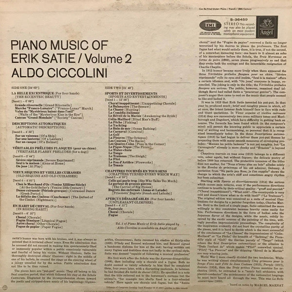 Erik Satie / Aldo Ciccolini : Piano Music Of Erik Satie, Vol. 2 (LP, Album)