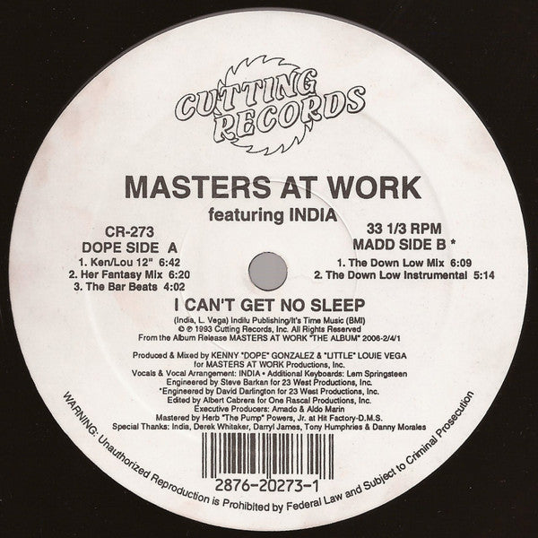 Masters At Work Featuring India : I Can't Get No Sleep (12", Single)