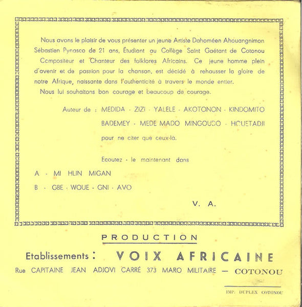 Ahouangnimon Sébastien Pynasco Et L'Orchestre Discafric-Band De Cotonou* : Mi Hlin Migan (7")