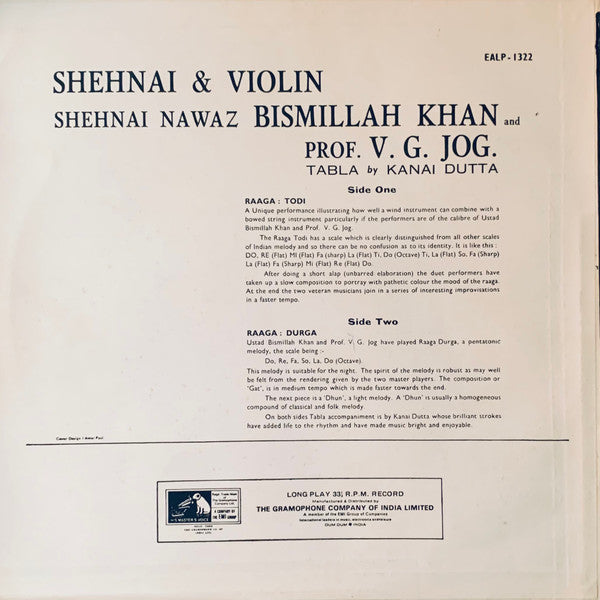 Shehnai-Nawaz Bismillah Khan* / Prof. V.G. Jog* : Shenai & Violin (LP, Album)