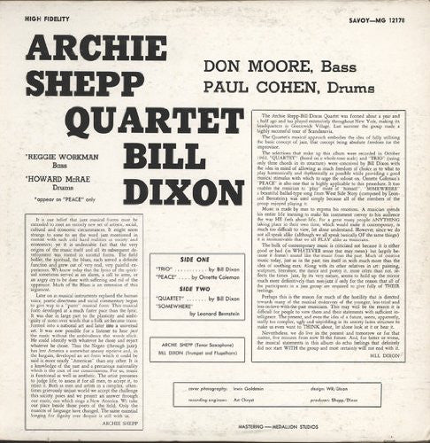 The Archie Shepp-Bill Dixon Quartet : The Archie Shepp-Bill Dixon Quartet (LP, Album, Mono)