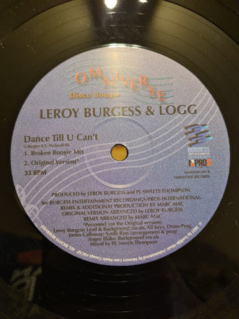 Leroy Burgess & Logg : Dance Till U Can't (12")