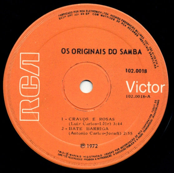 Os Originais Do Samba : Cravos E Rosas / Bate Barriga / Esperanças Perdidas / Se Eu Jurei (7", EP)