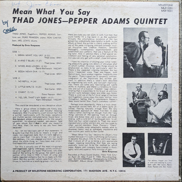 Thad Jones / Pepper Adams Quintet : Mean What You Say (LP, Album)
