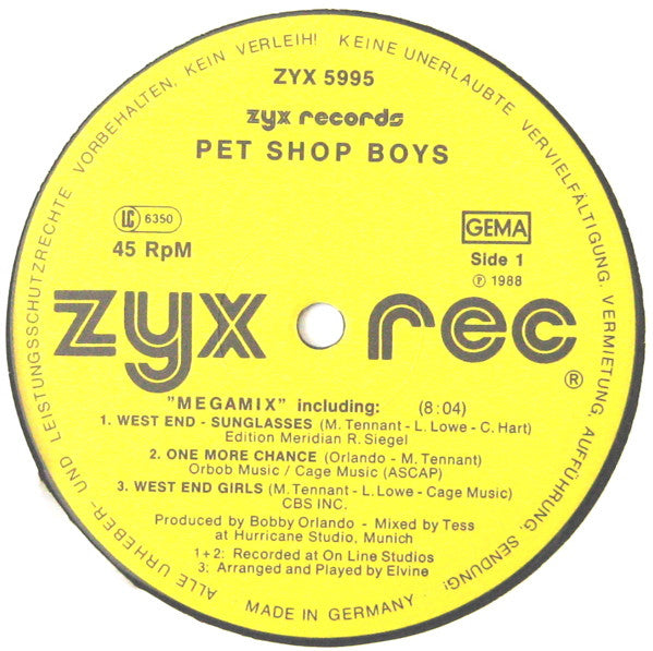Pet Shop Boys : ZYX Mega Mix (12", P/Mixed, Yel)