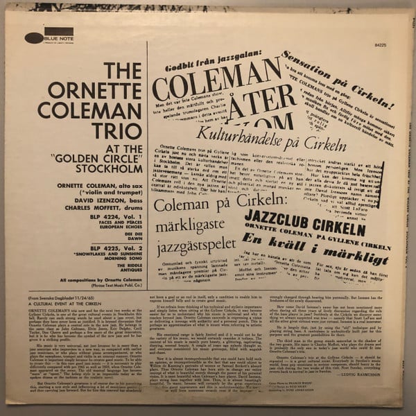 The Ornette Coleman Trio : At The "Golden Circle" Stockholm - Volume Two (LP, Album, RE)