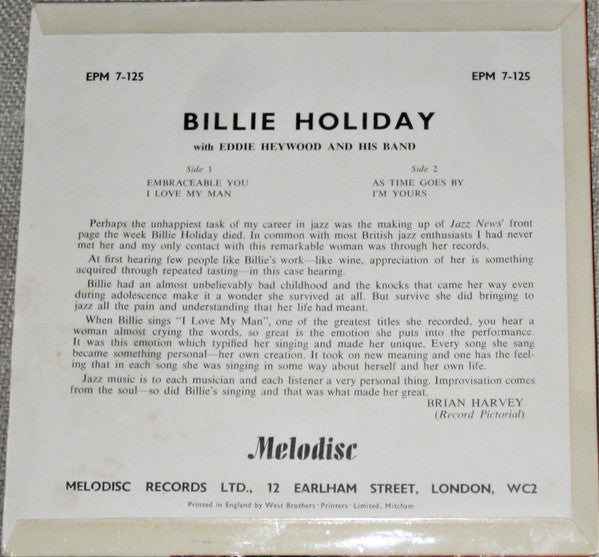 Billie Holiday : Memorial Album (7", EP, Sol)