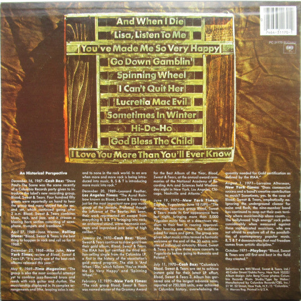 Blood, Sweat And Tears : Blood, Sweat & Tears Greatest Hits (LP, Comp, RE)