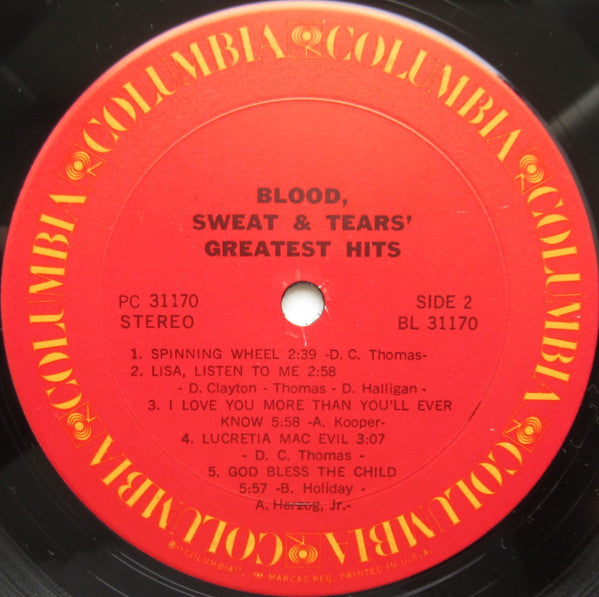 Blood, Sweat And Tears : Blood, Sweat & Tears Greatest Hits (LP, Comp, RE)