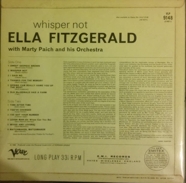 Ella Fitzgerald With Marty Paich Orchestra : Whisper Not (LP, Album, Mono)