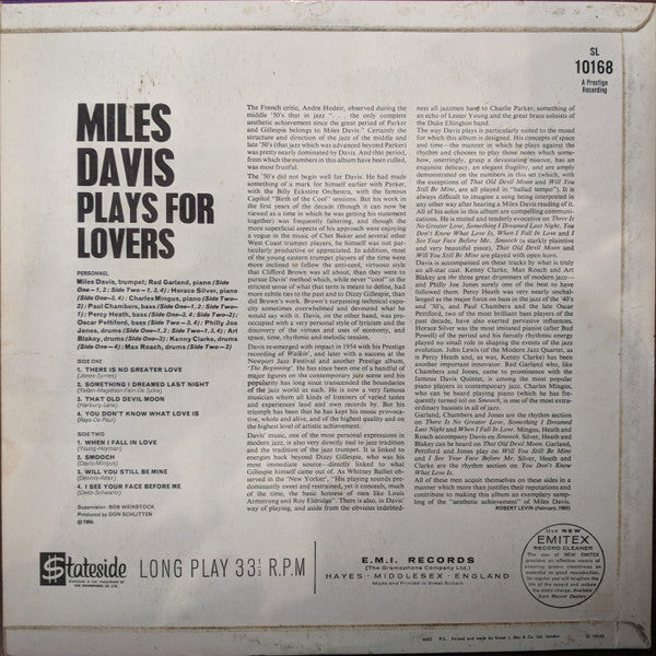 Miles Davis : Plays For Lovers (LP, Comp, Mono)