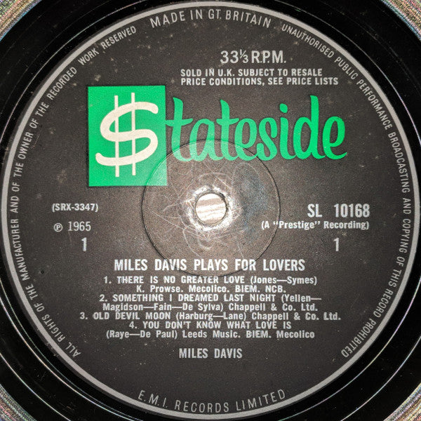 Miles Davis : Plays For Lovers (LP, Comp, Mono)