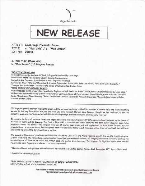 Anané : Nos Vida / Mon Amour (12", Promo)