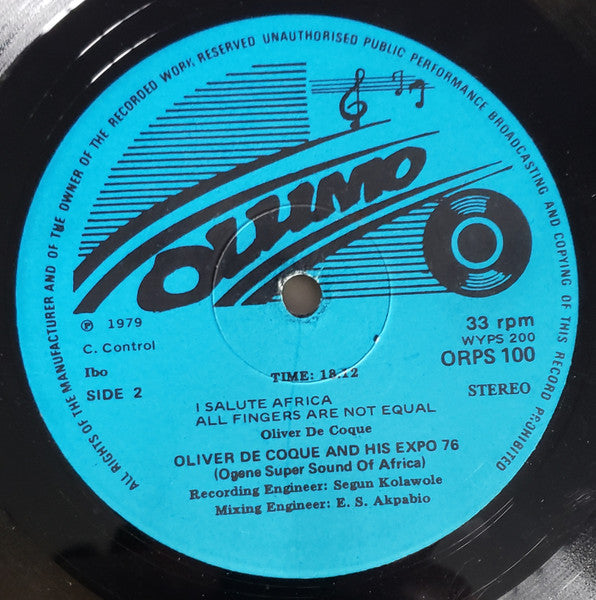Oliver De Coque & His Expo '76 (Ogene Sound Super Of Africa)* : I Salute Africa (LP, Album)