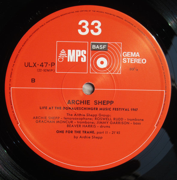 Archie Shepp : Life At The Donaueschingen Music Festival (LP, Album, RE)