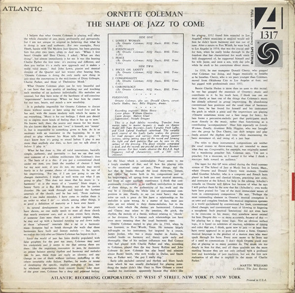 Ornette Coleman : The Shape Of Jazz To Come (LP, Album, Mono)